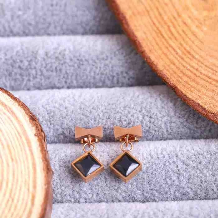 Rose Gold Bow & Black Square Drop Earrings
