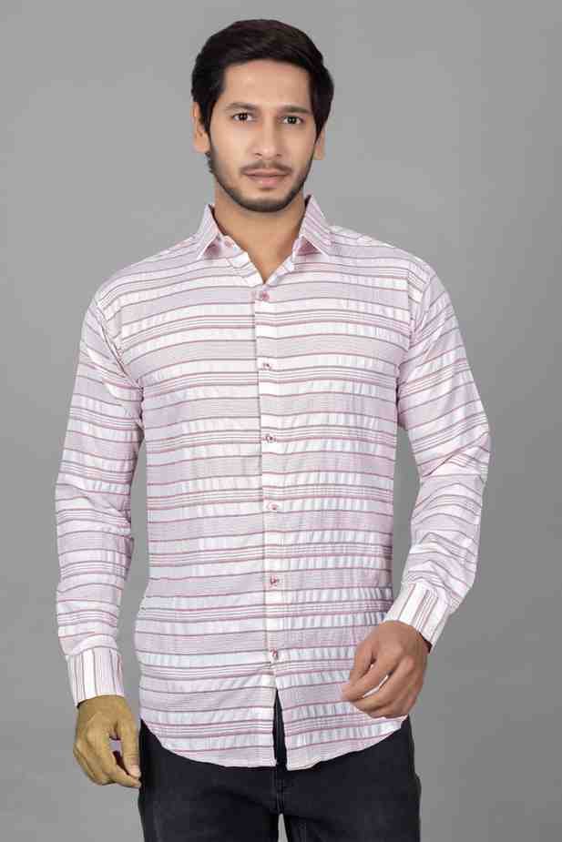 Men’s Horizontal Striped Casual Shirt – White & Maroon