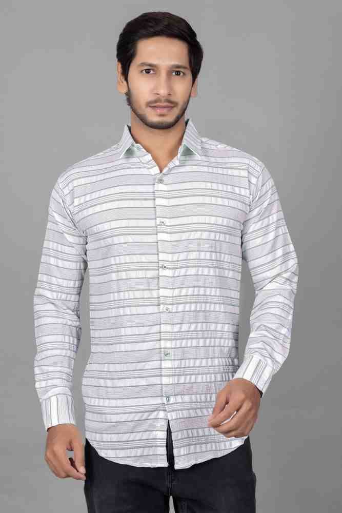 Men’s White & Green Striped Casual Shirt